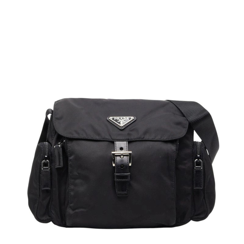 Prada Triangle Plate Crossbody Bag Black Leather Tessuto